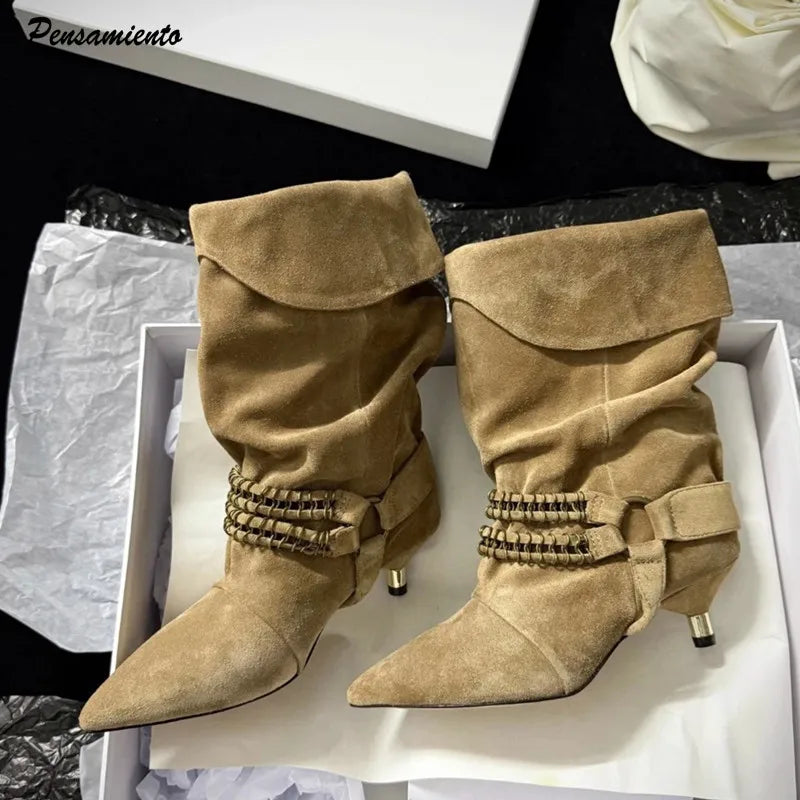 Chic Suede Chain Mid-Calf Boots