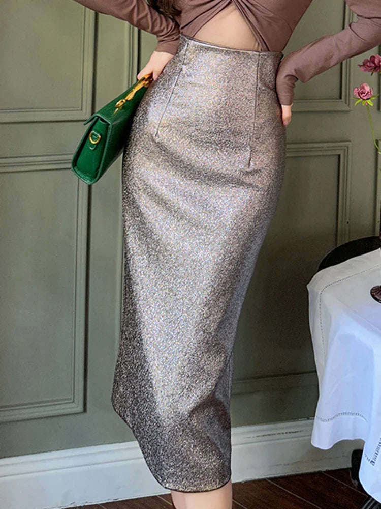 Elegant Shiny Midi Skirt