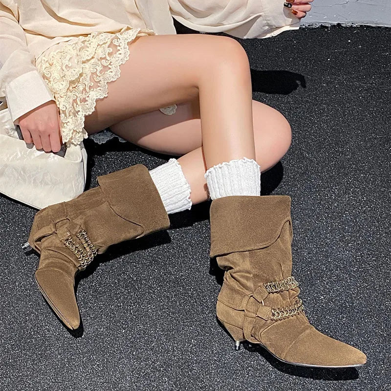 Chic Suede Chain Mid-Calf Boots