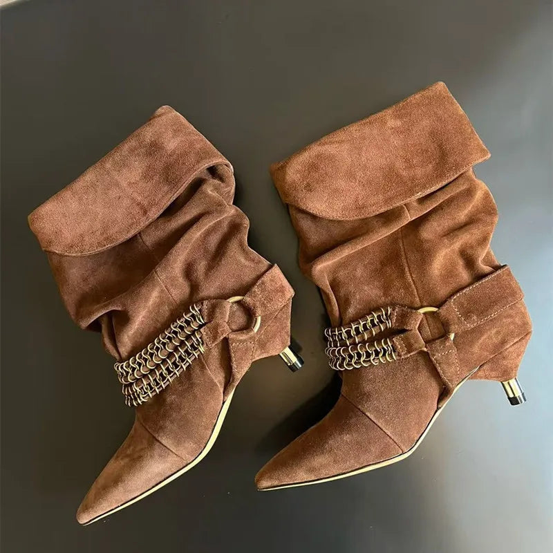 Chic Suede Chain Mid-Calf Boots