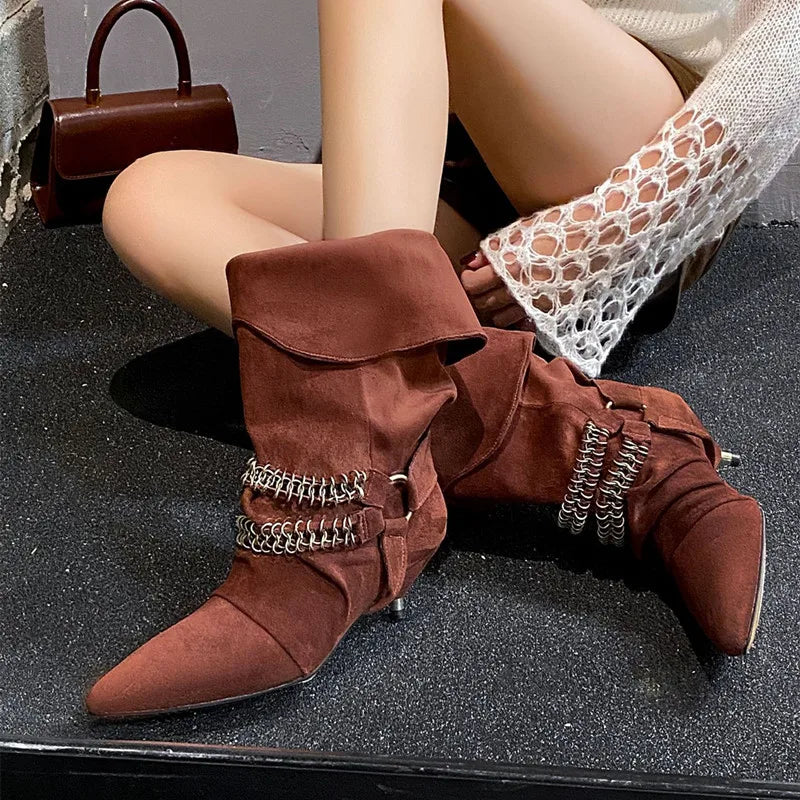 Chic Suede Chain Mid-Calf Boots