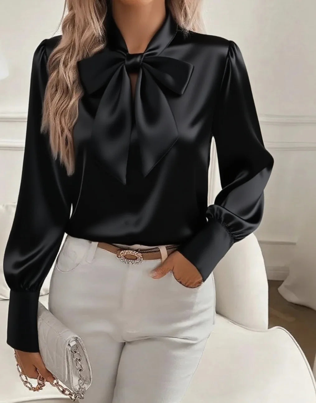 Elegant Bow Satin Blouse