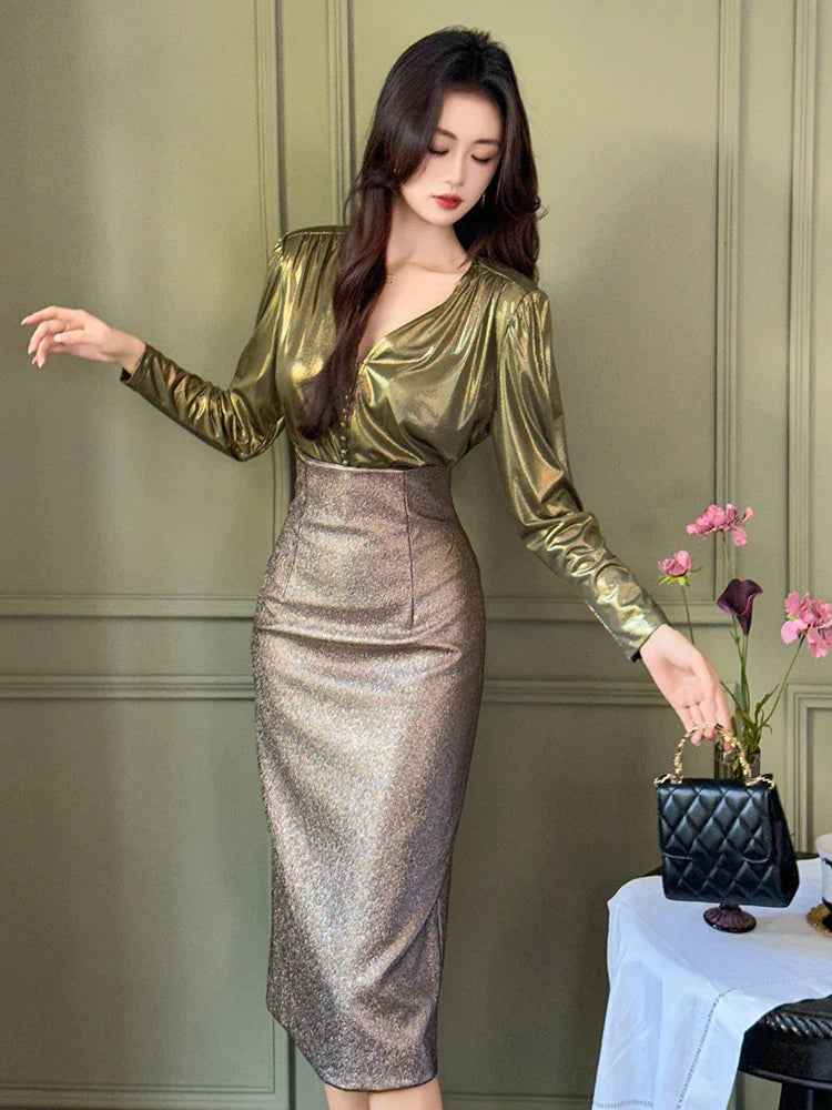 Elegant Shiny Midi Skirt
