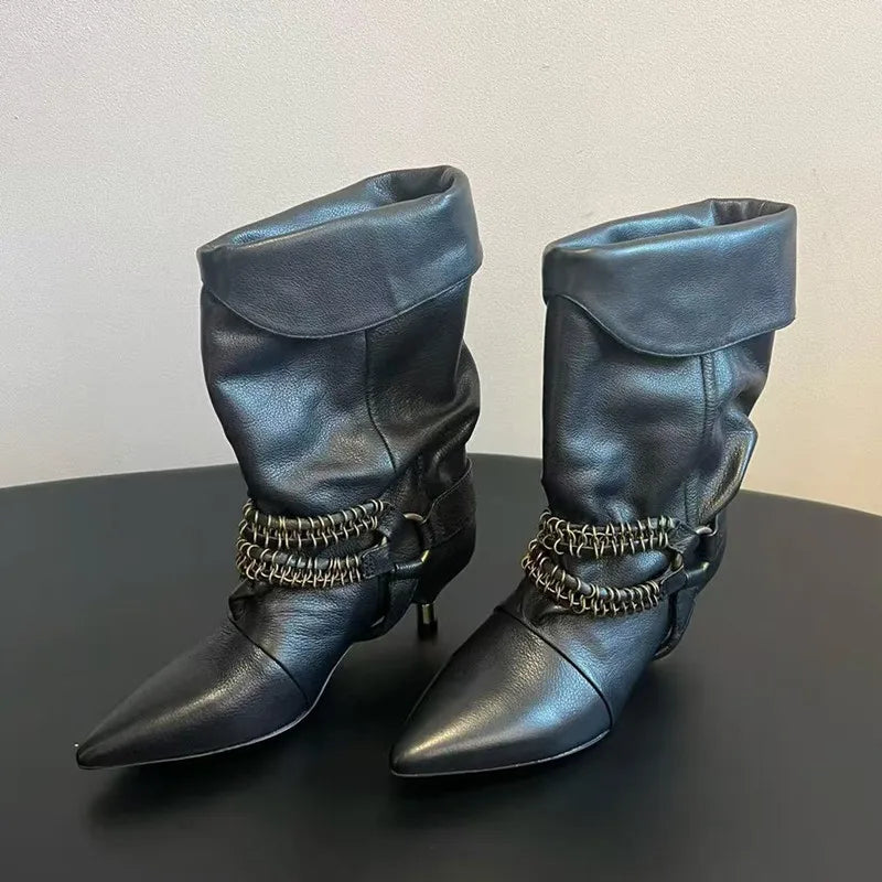 Chic Suede Chain Mid-Calf Boots